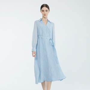 Readme读我春夏新品女蓝色系带优雅斜襟提花系带连衣裙B10820331