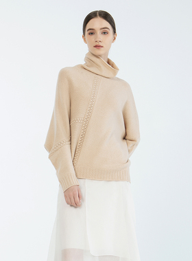 Readme读我秋冬新品女高级绵羊毛米色不对称高领套衫B10227348