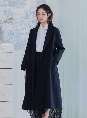 READ_ME读我黑色极简翻驳领小A经典羊毛长款大衣B10947615