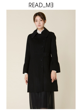 readme读我秋冬女黑羊毛呢花苞袖中长款宽松显瘦大衣外套80976606