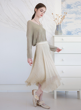 README读我冷染脏洗丝麻香槟色太阳裙50310316