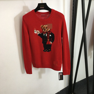 南油秋冬新款人型帅气小熊提花图案羊毛混纺长袖套头针织衫