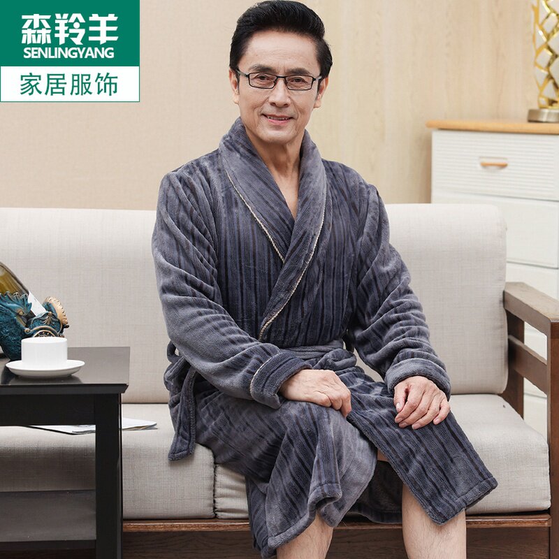 CORAL VELVET NIGHTGOWN MENS AUTUMN WINTER THICKENED PILE PAJAMAS FLANNEL DAD PLUS SIZE BATHROBE WARM LOUNGEWEAR