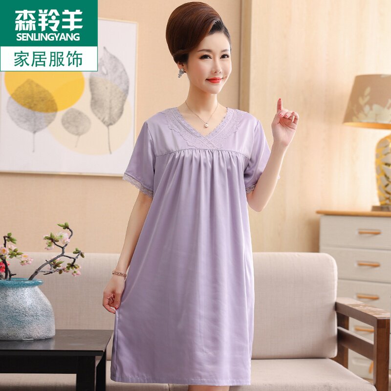 女士睡裙冰丝夏天中年妈妈丝绸薄款中长款睡衣裙子夏季短袖加大码