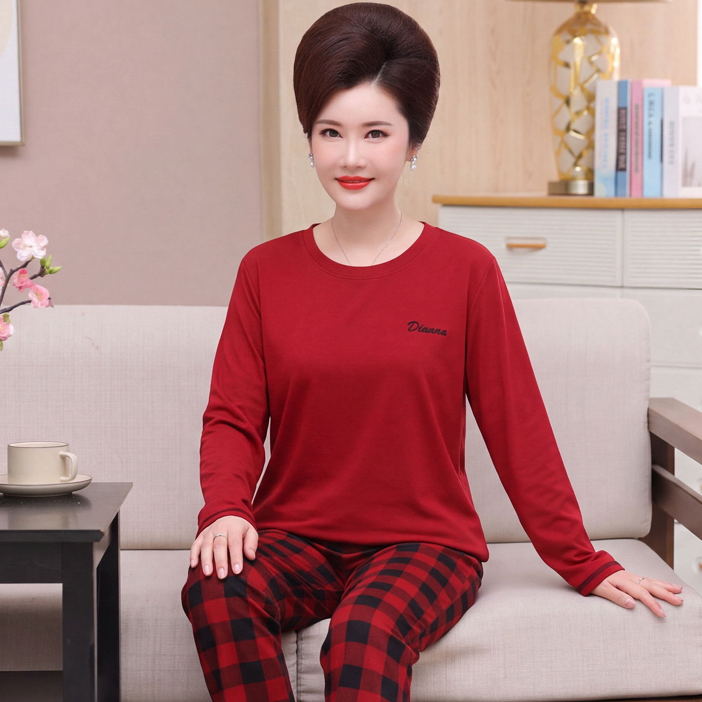 妈妈睡衣春秋季套头纯棉长袖薄款中老年人妇女家居服休闲大码套装