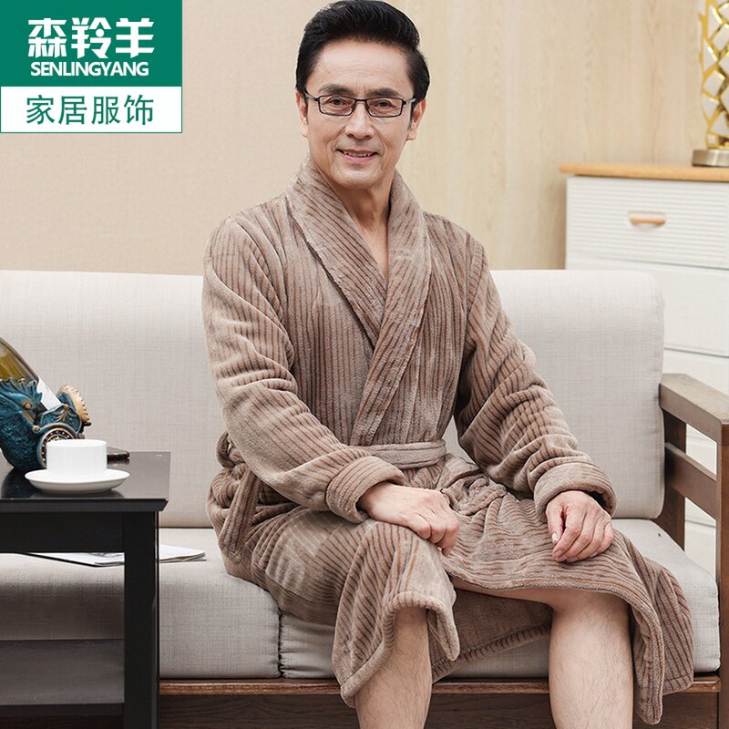 CORAL VELVET NIGHTGOWN MENS AUTUMN WINTER THICKENED PILE PAJAMAS FLANNEL DAD PLUS SIZE BATHROBE WARM LOUNGEWEAR