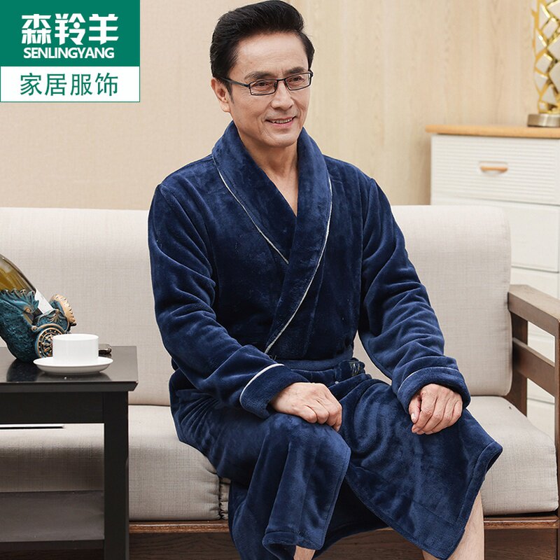 CORAL VELVET NIGHTGOWN MENS AUTUMN WINTER THICKENED PILE PAJAMAS FLANNEL DAD PLUS SIZE BATHROBE WARM LOUNGEWEAR