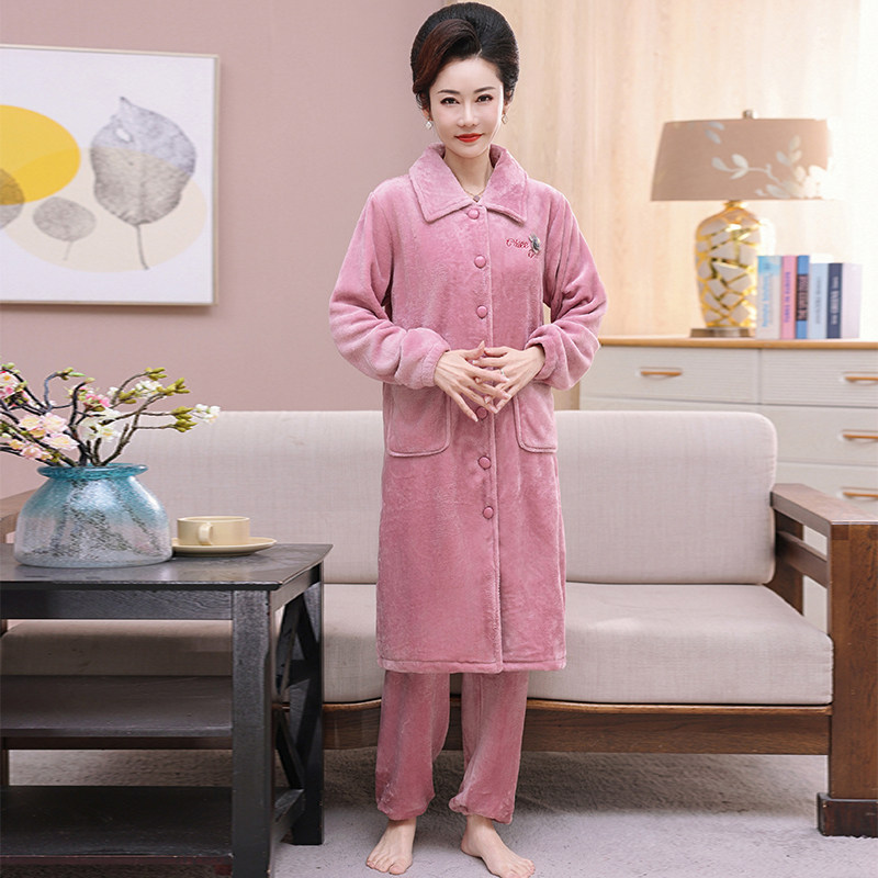 中老年妈妈加绒珊瑚绒睡袍女秋冬法兰绒家居服套装加厚中长款浴袍