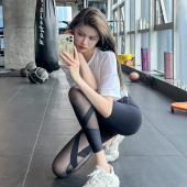 岚纹性感瑜伽裤 春夏 女跑步收腹蜜桃提臀训练网纱运动弹力健身长裤