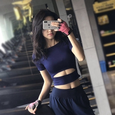 岚纹性感露马甲运动上衣女短袖健身房T恤跑步半袖弹力紧身瑜伽服
