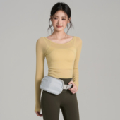 岚纹圆领普拉提瑜伽服女短款 莱赛尔羊毛跑步运动上衣 透气健身长袖