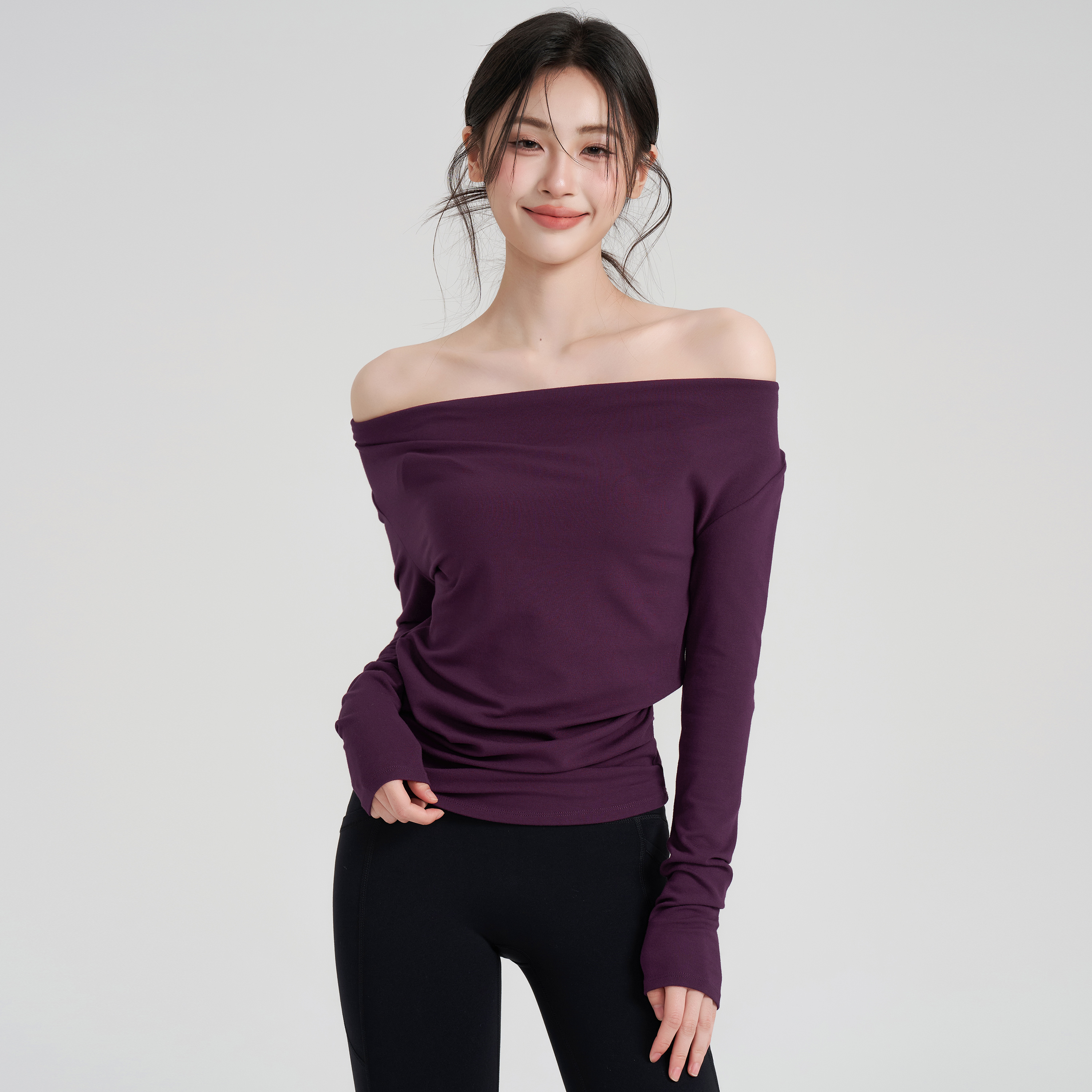 岚纹高级感气质普拉提瑜伽服女修身显瘦健身上衣秋冬露肩运动长袖