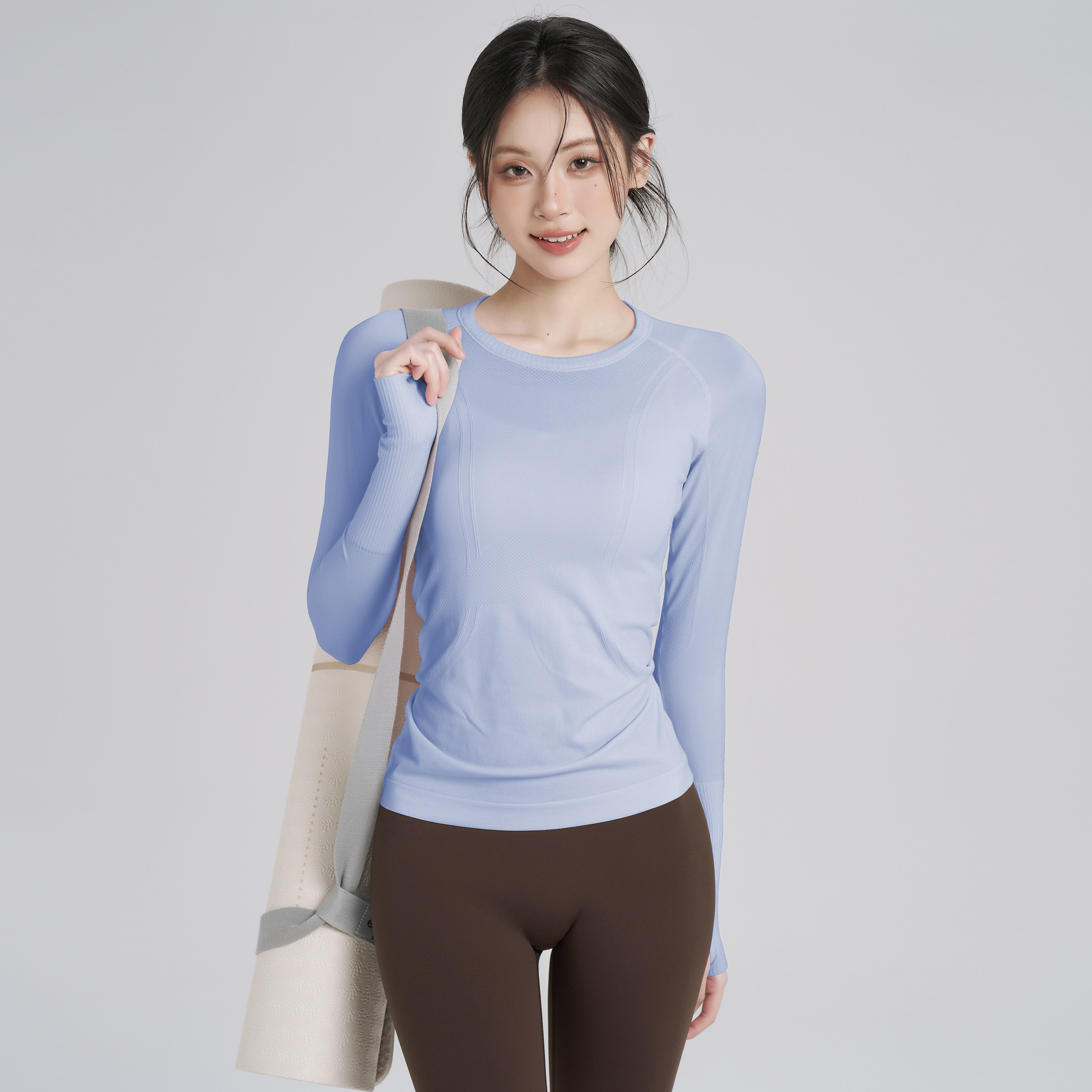 岚纹圆领户外登山健身长袖运动T恤女修身速干瑜伽服跑步训练上衣