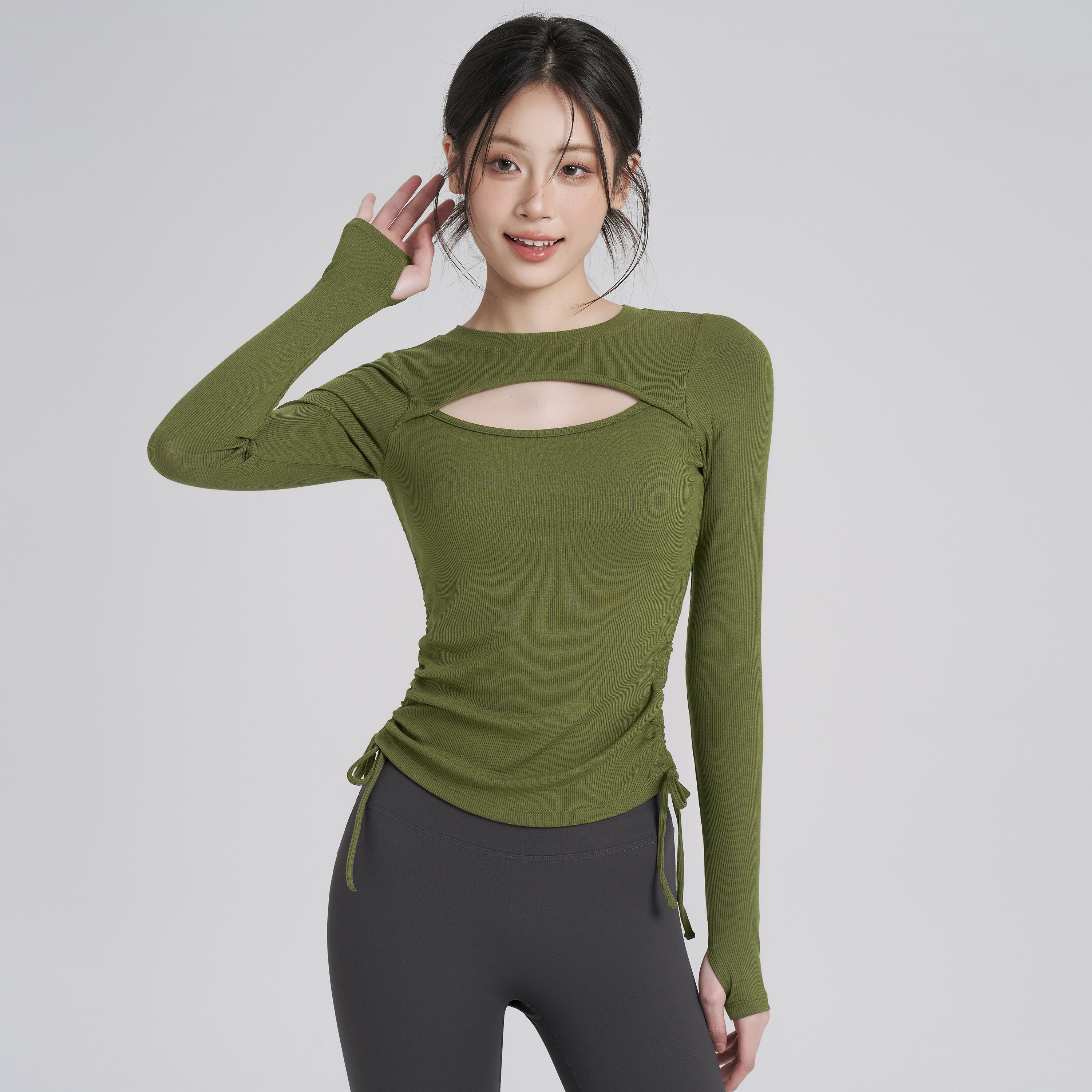 岚纹带胸垫健身瑜伽服长袖女紧身普拉提训练套装抽绳运动上衣秋冬