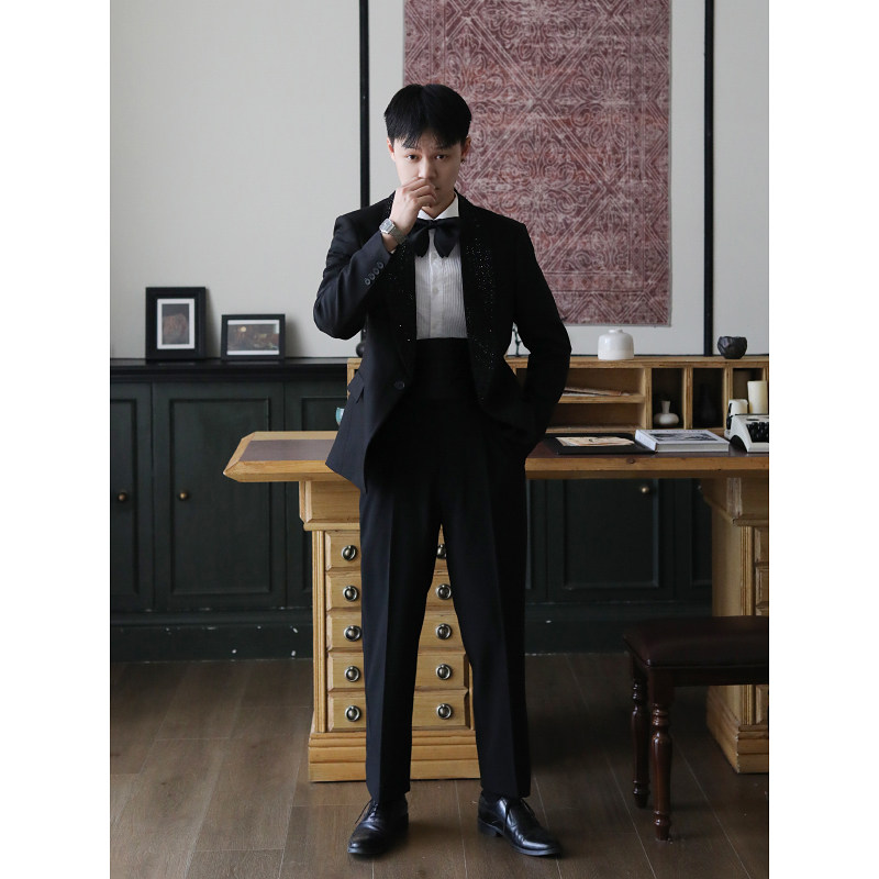 美式青果领烫钻礼服西服套装 英伦结婚高级感晚会正装西服两件套