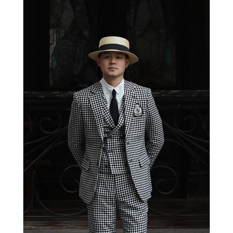 英伦复古雅痞千鸟格徽章西服 度假休闲主持结婚修身西装三件套装