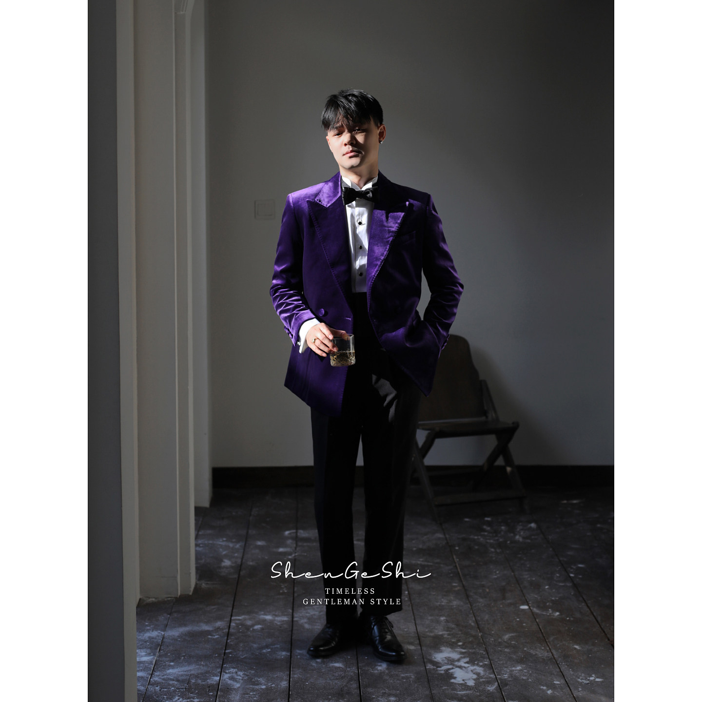 紫色丝绒戗驳领双排扣礼服西装高级感结婚新郎塔士多西服两件套装