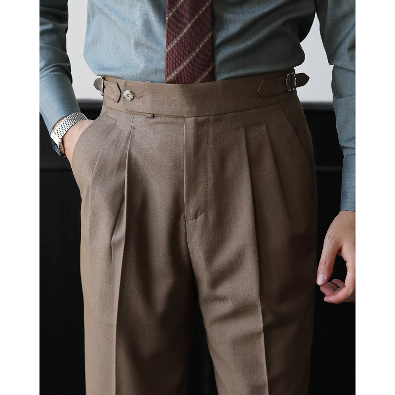 意式那不勒斯高腰卷边商务抗皱双褶雅痞绅士西装裤修身直筒西裤