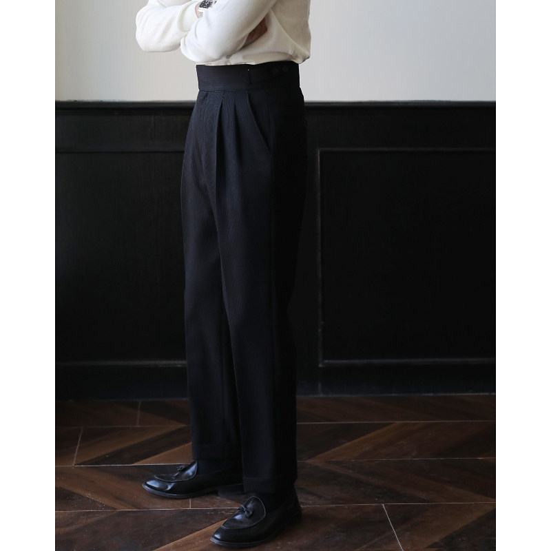 复古高腰廓尔格修身小直筒双褶免烫上班垂感休闲黑色春秋意式西裤