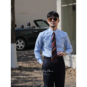 长尖领免烫抗皱修身 意式 商务绅士大尖领浅蓝色条纹格子衬衫 衬衣