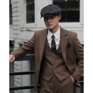 复古英伦羊毛粗花呢谢尔比浴血黑帮风人字纹修身 结婚西服三件套装