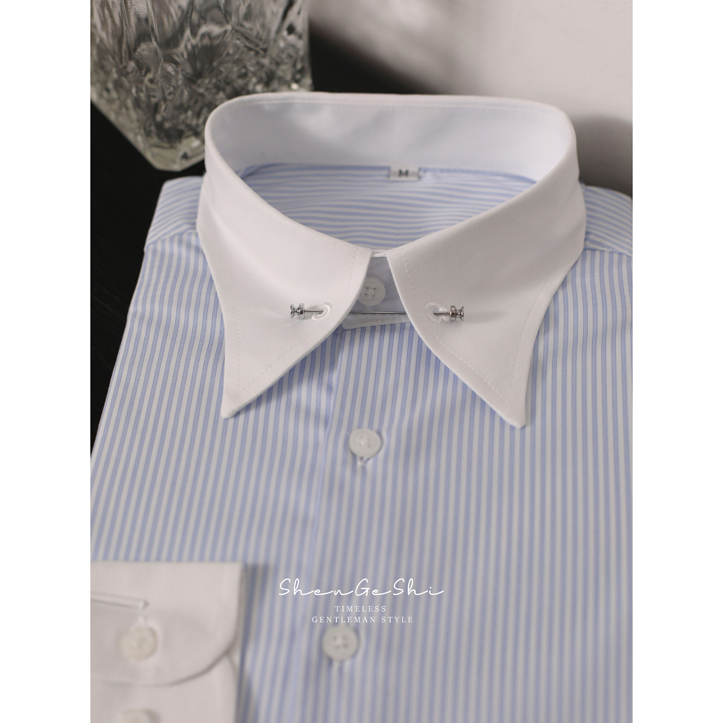 英伦风浅蓝条纹帝国领绅士衬衫意式商务免烫领针装饰拼接修身衬衣