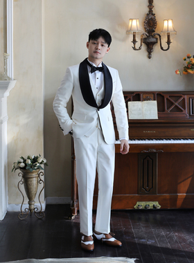 欧美风黑色青果领撞色米白色塔士多宴会结婚新郎礼服西服三件套装