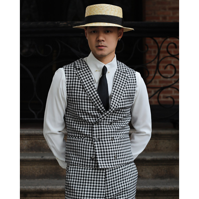 英伦复古双排扣雅痞绅士主持时髦经典千鸟格修身结婚新郎西装马甲