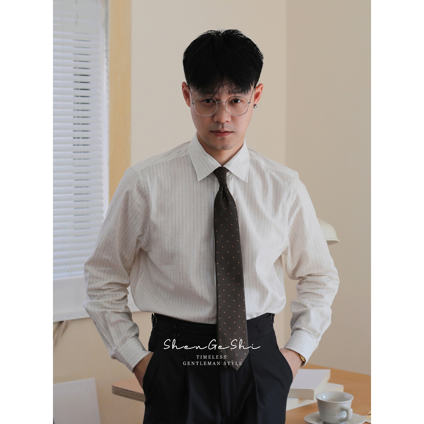 英伦复古文艺青年100%纯棉衬衣老钱风绅士日常休闲细条纹修身衬衫