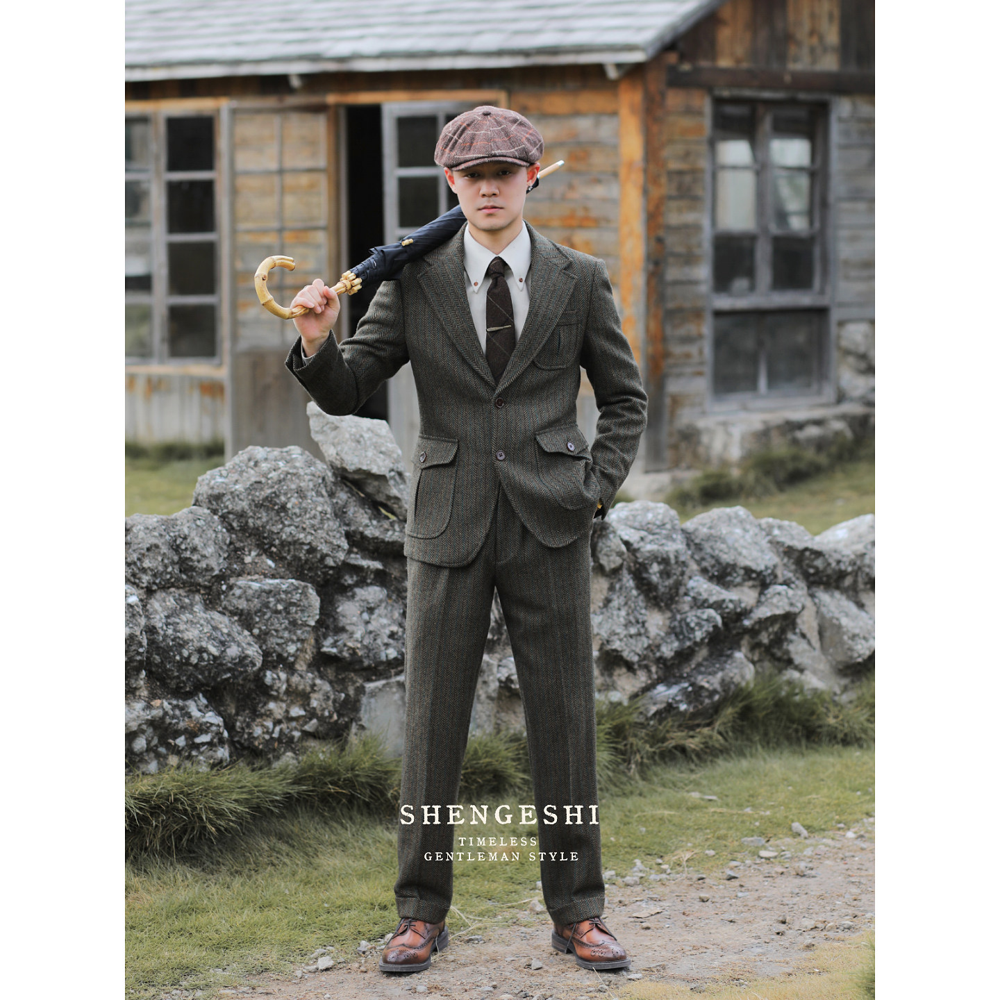 英伦复古羊毛粗花呢猎装西装雅痞绅士人字纹毛呢修身西服两件套装