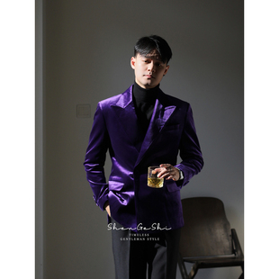 英伦复古绅士丝绒戗驳领双排扣礼服高级感宴会结婚新郎塔士多西装