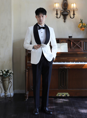 黑色青果领撞色米白色塔士多 宴会结婚新郎礼服修身西服两件套装