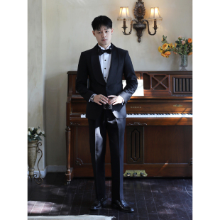 黑色青果领塔士多礼服西装 结婚新郎婚礼单排扣修身西服两件套装