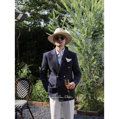 意式绅士亚麻轻薄修身透气布雷泽西装优雅老钱风半里布双排扣西服