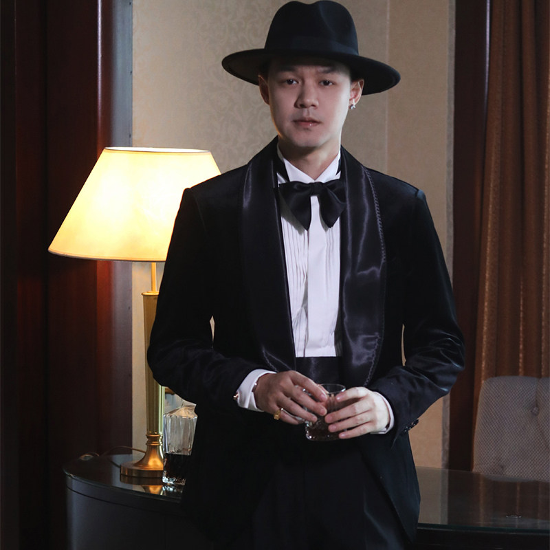 美式经典复古丝绒拼接青果领结婚主持晚会正装塔士多西服礼服套装