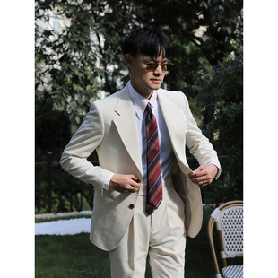 意式那不勒斯肌理面料度假婚礼西装 儒雅老钱风杏色修身西服外套