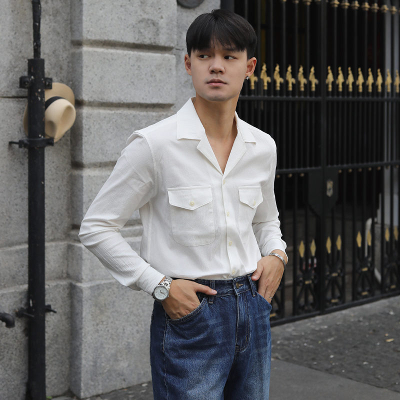 泡泡纱长袖衬衣古巴领