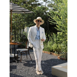 意式优雅绅士亚麻透气半里布西装日常休闲度假老钱风西服两件套装