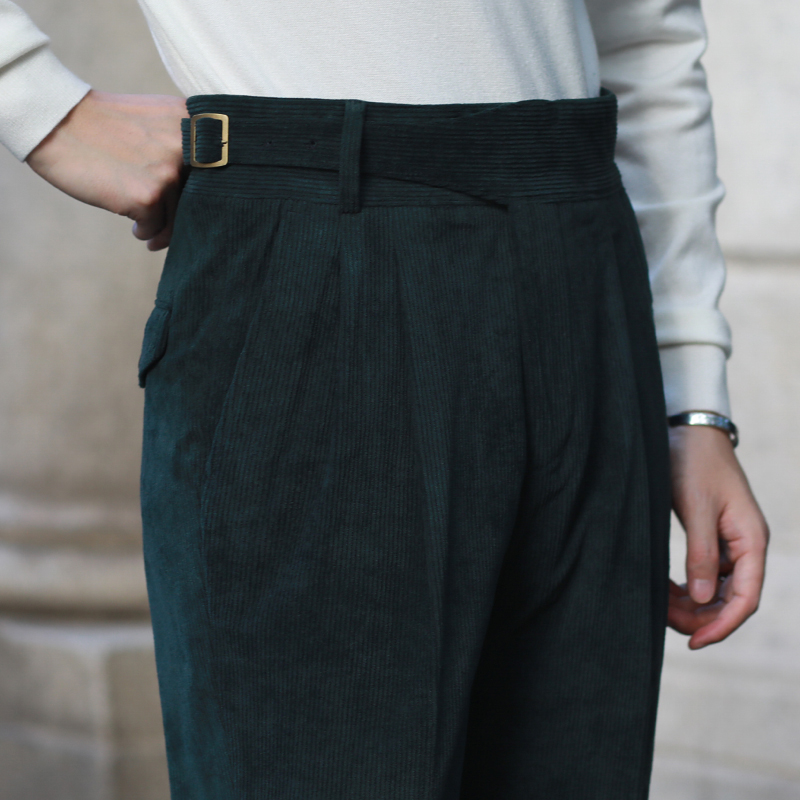 秋冬意式复古厚款库尔喀裤 高腰直筒那不勒斯卷边条绒灯芯绒西裤