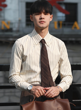 意式复古长尖领扣领抗皱修身文艺 韩版雅痞有型商务长袖条纹衬衫