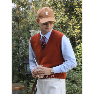 英伦复古修身 背心 鸡心领羊毛毛衣马甲文艺青年V领保暖打底针织衫