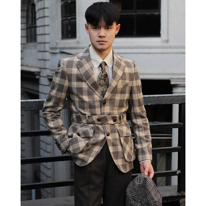 英伦复古修身腰带装饰休闲猎装西装外套 怀旧大格子条纹绅士西服