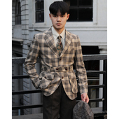 腰带装 饰休闲猎装 西装 英伦复古修身 外套 怀旧大格子条纹绅士西服