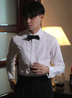 英伦礼服折叠门襟衬衣法式一字领宴会新郎伴郎结婚正式白衬衣男士