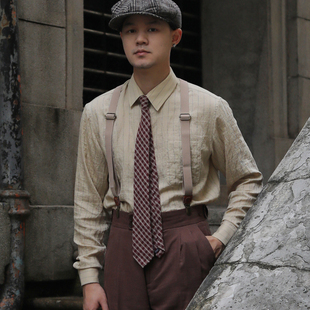 [三色]复古宽松日常休闲透气 文艺儒雅简约亚麻新中式衬衫条纹男