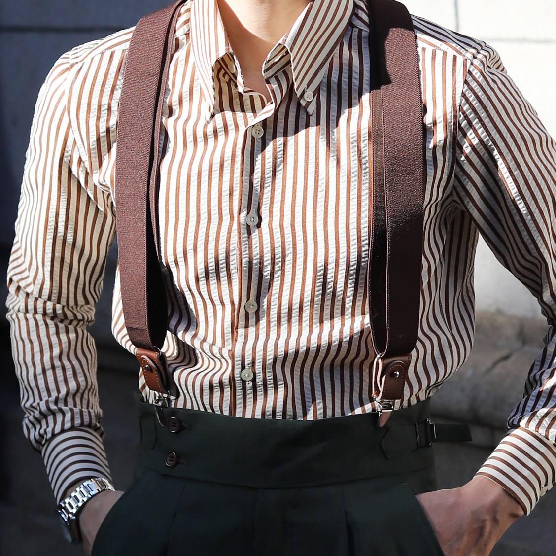 [多色]意式复古泡泡纱长尖领免烫修身文艺 英伦商务长袖条纹衬衫