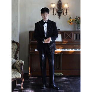 黑色缎面戗驳领塔士多礼服棋盘格纹抗皱结婚新郎婚礼西服两件套装