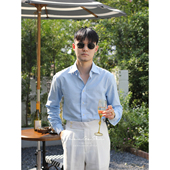 英伦日常休闲透气棉麻长袖 男 舒适通勤度假一字领衬衫 衬衫 亚麻意式