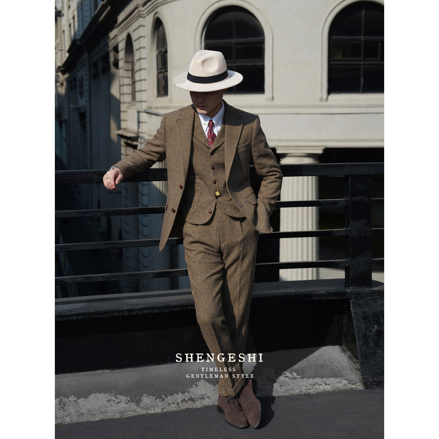 英伦复古雅痞毛呢西服结婚新郎羊毛粗花呢人字纹修身西装三件套装