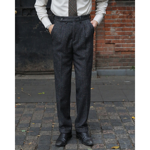 英伦复古羊毛粗花呢人字纹长裤 浴血黑帮风厚款雅痞绅士修身西裤